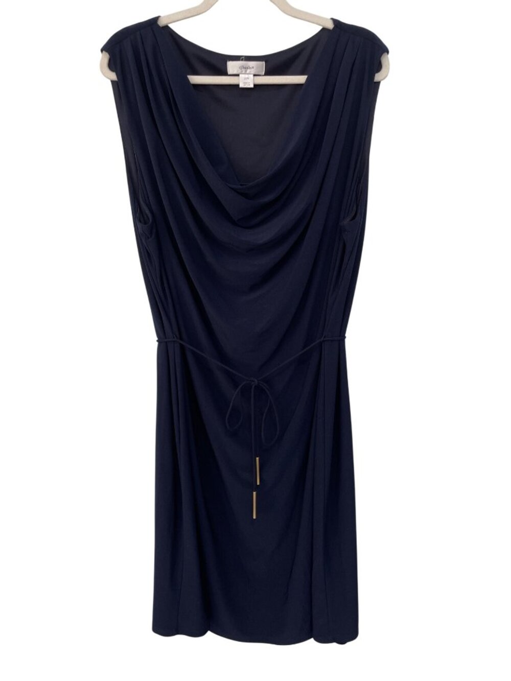 CJ Banks Dress Plus Size 22W Cowl Neck Sleeveless Tie Waist Navy Blue Cocktail